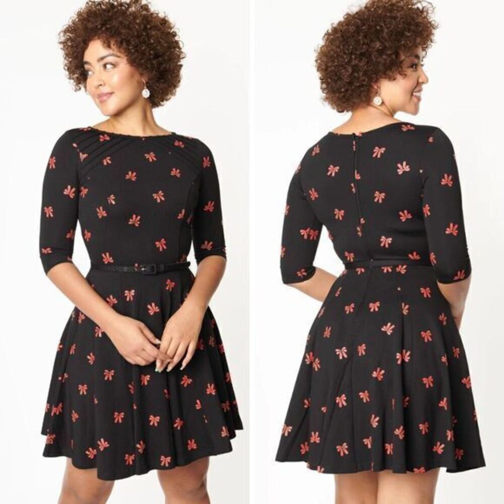 Unique Vintage Black & Red Bows Print Stephanie Fit & Flare Dress, XL